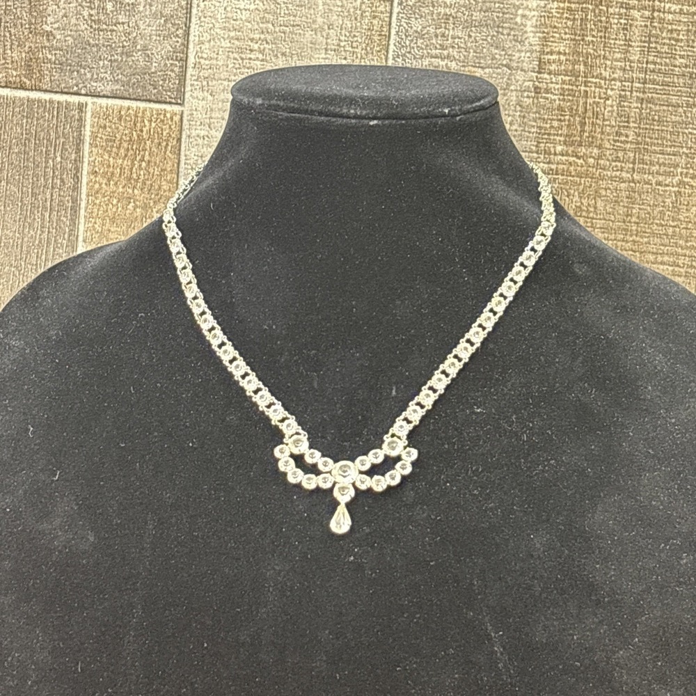 Vintage 1950s 60s Rhinestone Bow Y Drop Necklace Silver Tone Bridal Glamour